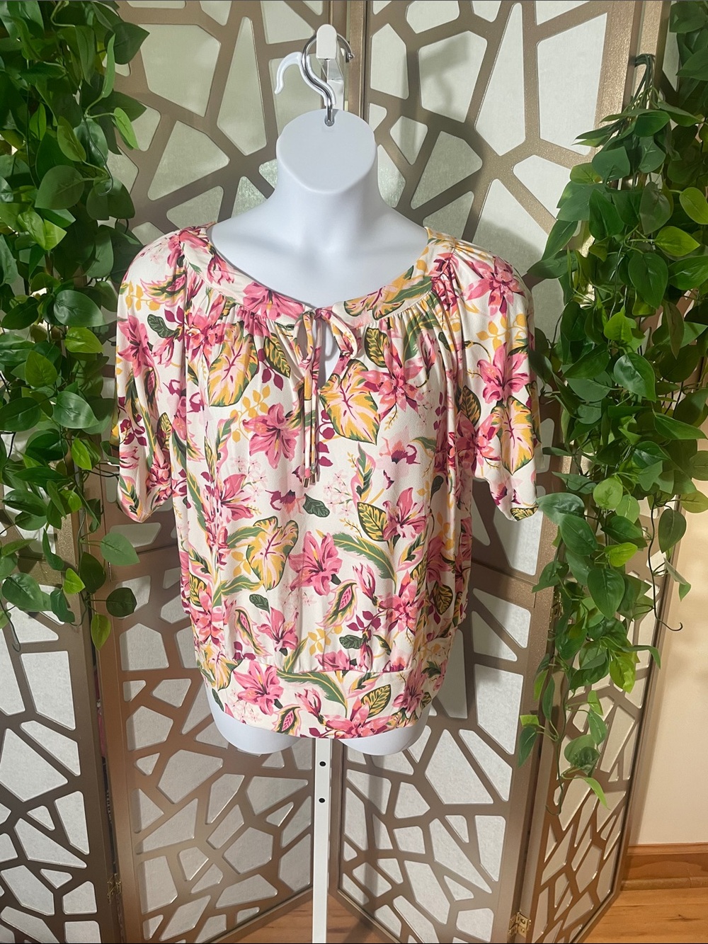 JM Collection Floral Tie-Neck Blouse in Pink & Cream